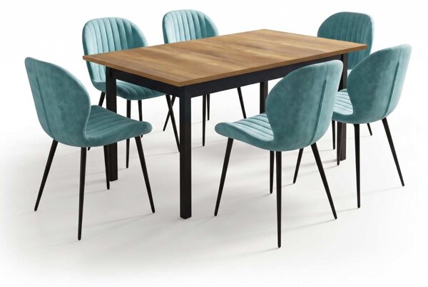 Set Masă Extensibilă Mara Nuc 130–170 × 75 cm cu 6 Scaune Opal Verde Fistic, Material Textil Catifelat, Picioare Metalice Negre
