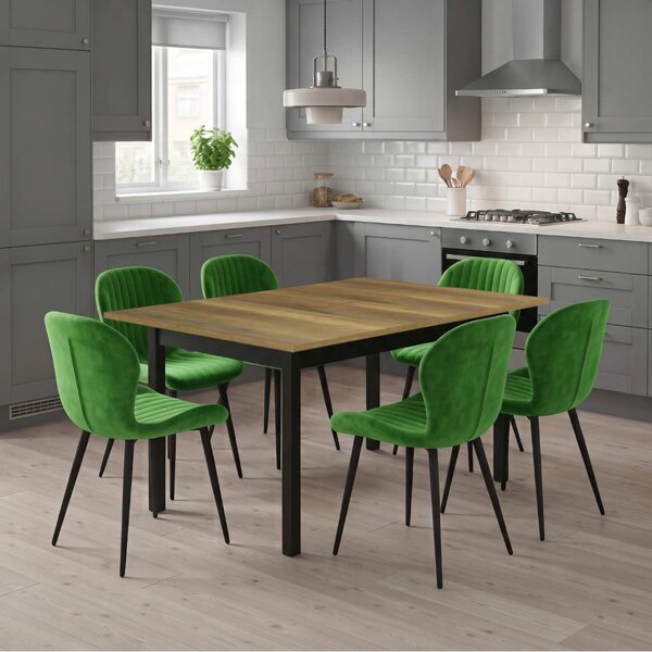 Set Masă Extensibilă Mara Nuc 130–170 × 75 cm cu 6 Scaune Opal Olive, Material Textil Catifelat, Picioare Metalice Negre