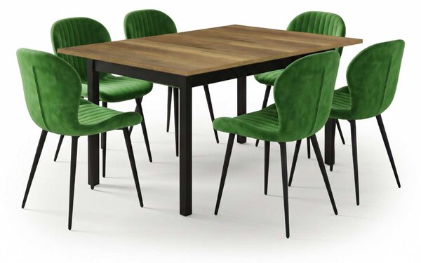 Set Masă Extensibilă Mara Nuc 130–170 × 75 cm cu 6 Scaune Opal Olive, Material Textil Catifelat, Picioare Metalice Negre