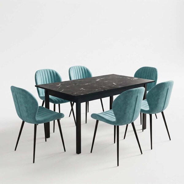 Set Masă Extensibilă Mara Negru Marmorat 130–170 × 75 cm cu 6 Scaune Opal Verde Fistic, Material Textil Catifelat, Picioare Metalice Negre