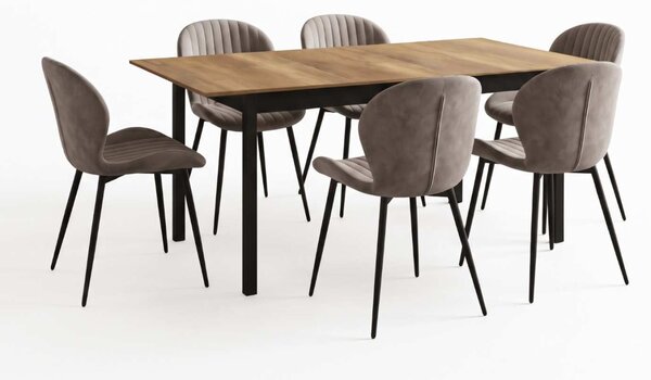 Set Masă Extensibilă Mara Nuc 130–170 × 75 cm cu 6 Scaune Opal Cappuccino Închis, Material Textil Catifelat, Picioare Metalice Negre