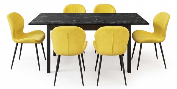 Set Masă Extensibilă Mara Negru Marmorat 130–170 × 75 cm cu 6 Scaune Opal Galben, Material Textil Catifelat, Picioare Metalice Negre