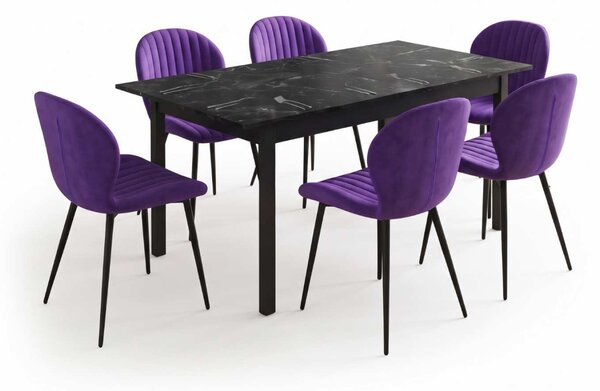 Set Masă Extensibilă Mara Negru Marmorat 130–170 × 75 cm cu 6 Scaune Opal Mov, Material Textil Catifelat, Picioare Metalice Negre