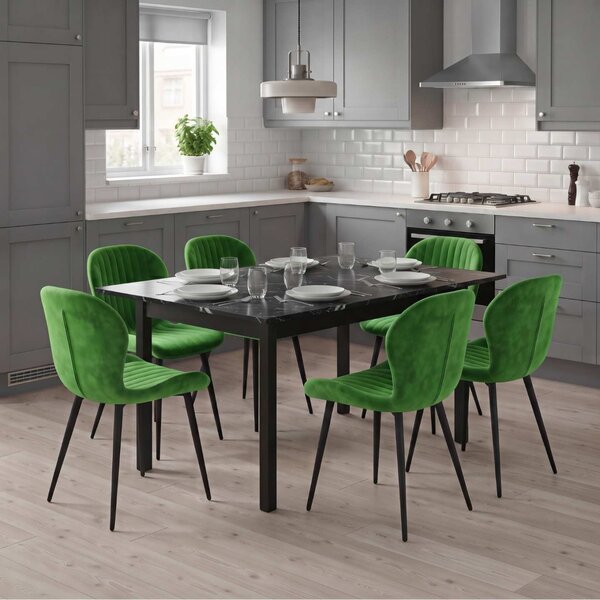 Set Masă Extensibilă Mara Negru Marmorat 130–170 × 75 cm cu 6 Scaune Opal Olive, Material Textil Catifelat, Picioare Metalice Negre