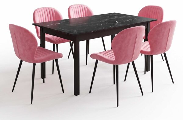Set Masă Extensibilă Mara Negru Marmorat 130–170 × 75 cm cu 6 Scaune Opal Roz, Material Textil Catifelat, Picioare Metalice Negre