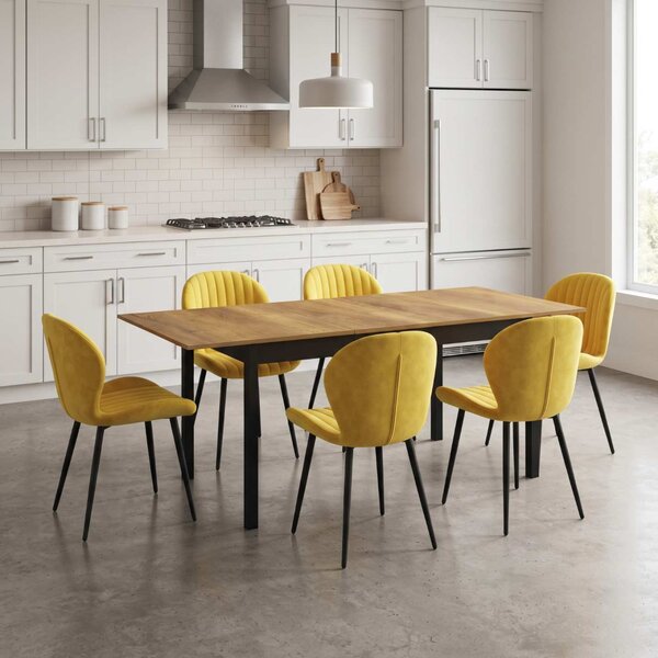 Set Masă Extensibilă Mara Nuc 130–170 × 75 cm cu 6 Scaune Opal Galben, Material Textil Catifelat, Picioare Metalice Negre