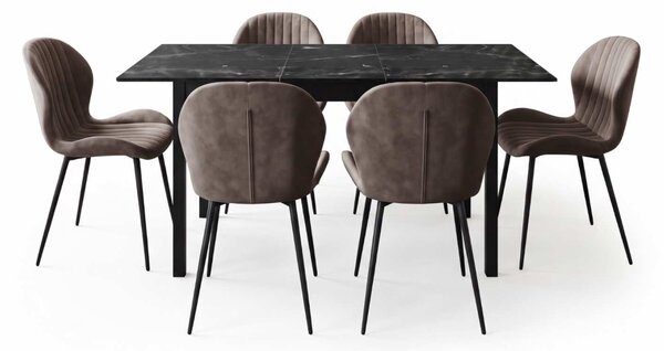 Set Masă Extensibilă Mara Negru Marmorat 130–170 × 75 cm cu 6 Scaune Opal Maro, Material Textil Catifelat, Picioare Metalice Negre