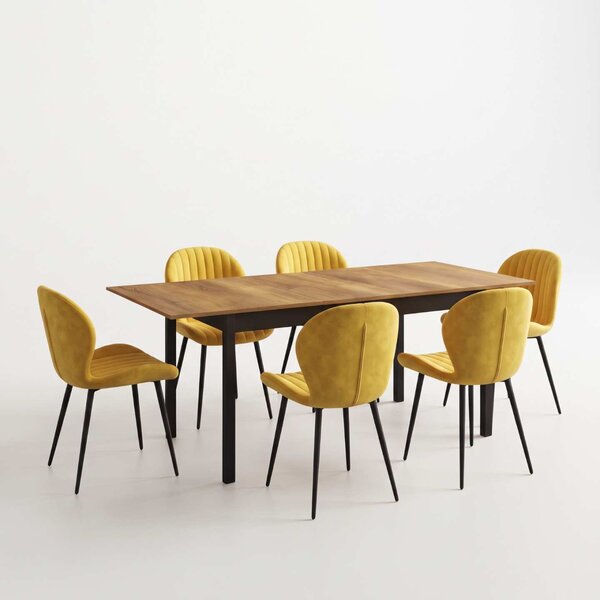 Set Masă Extensibilă Mara Nuc 130–170 × 75 cm cu 6 Scaune Opal Galben, Material Textil Catifelat, Picioare Metalice Negre