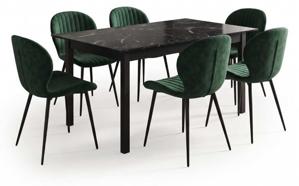 Set Masă Extensibilă Mara Negru Marmorat 130–170 × 75 cm cu 6 Scaune Opal Verde, Material Textil Catifelat, Picioare Metalice Negre