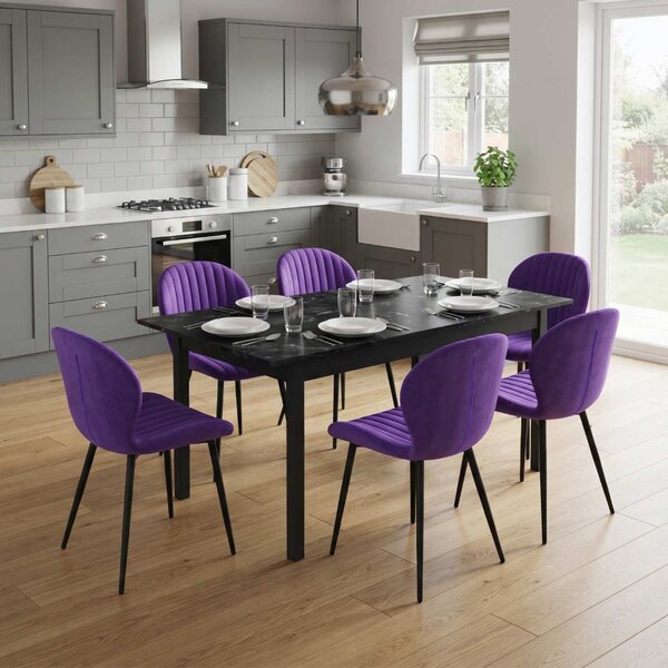 Set Masă Extensibilă Mara Negru Marmorat 130–170 × 75 cm cu 6 Scaune Opal Mov, Material Textil Catifelat, Picioare Metalice Negre