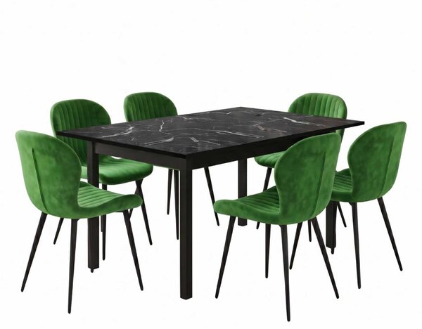 Set Masă Extensibilă Mara Negru Marmorat 130–170 × 75 cm cu 6 Scaune Opal Olive, Material Textil Catifelat, Picioare Metalice Negre