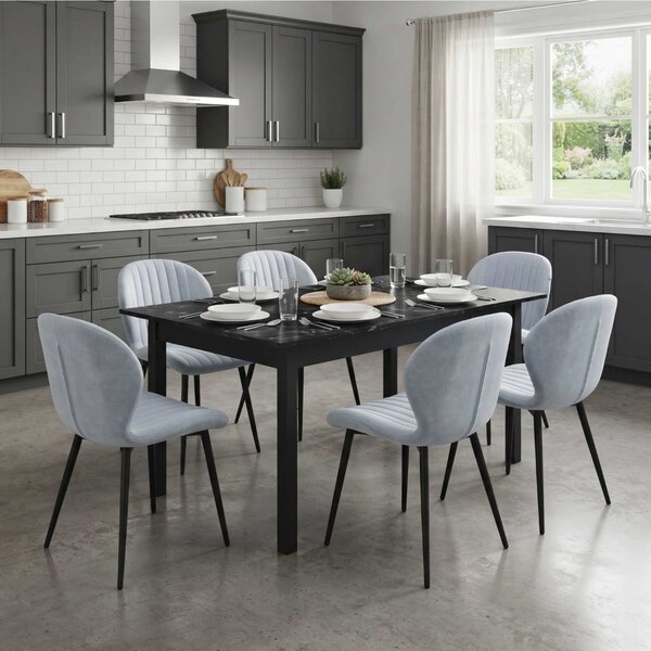 Set Masă Extensibilă Mara Negru Marmorat 130–170 × 75 cm cu 6 Scaune Opal Gri Deschis, Material Textil Catifelat, Picioare Metalice Negre