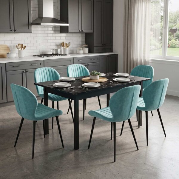 Set Masă Extensibilă Mara Negru Marmorat 130–170 × 75 cm cu 6 Scaune Opal Verde Fistic, Material Textil Catifelat, Picioare Metalice Negre