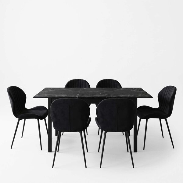 Set Masă Extensibilă Mara Negru Marmorat 130–170 × 75 cm cu 6 Scaune Opal Negru, Material Textil Catifelat, Picioare Metalice Negre