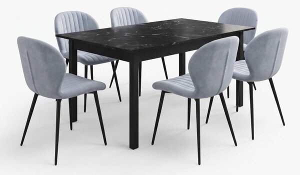 Set Masă Extensibilă Mara Negru Marmorat 130–170 × 75 cm cu 6 Scaune Opal Gri Deschis, Material Textil Catifelat, Picioare Metalice Negre