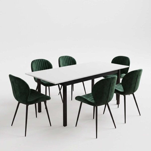 Set Masă Extensibilă Mara Albă 130–170 × 75 cm cu 6 Scaune Opal Verde, Material Textil Catifelat, Picioare Metalice Negre