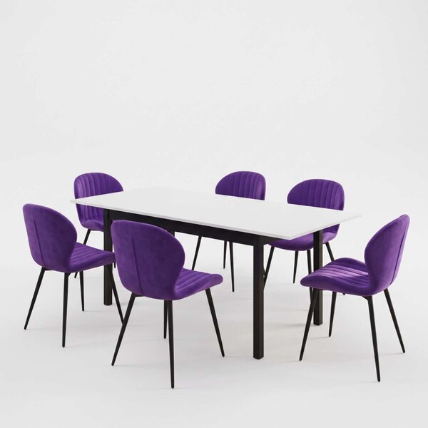 Set Masă Extensibilă Mara Albă 130–170 × 75 cm cu 6 Scaune Opal Mov, Material Textil Catifelat, Picioare Metalice Negre
