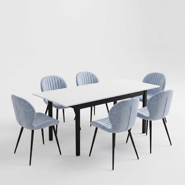 Set Masă Extensibilă Mara Albă 130–170 × 75 cm cu 6 Scaune Opal Gri Deschis, Material Textil Catifelat, Picioare Metalice Negre