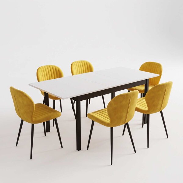 Set Masă Extensibilă Mara Albă 130–170 × 75 cm cu 6 Scaune Opal Galben, Material Textil Catifelat, Picioare Metalice Negre