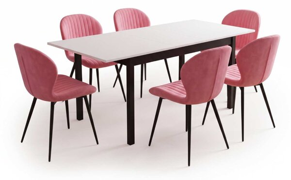 Set Masă Extensibilă Mara Albă 130–170 × 75 cm cu 6 Scaune Opal Roz, Material Textil Catifelat, Picioare Metalice Negre