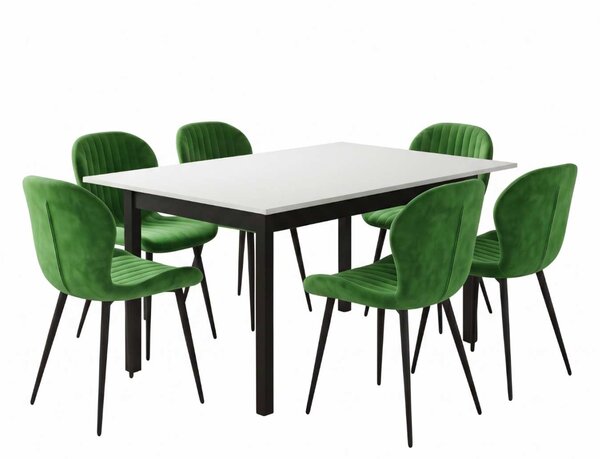 Set Masă Extensibilă Mara Albă 130–170 × 75 cm cu 6 Scaune Opal Olive, Material Textil Catifelat, Picioare Metalice Negre
