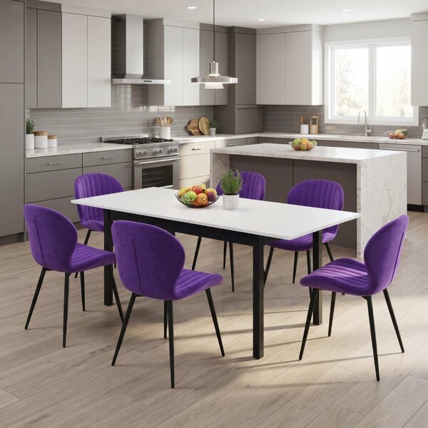 Set Masă Extensibilă Mara Albă 130–170 × 75 cm cu 6 Scaune Opal Mov, Material Textil Catifelat, Picioare Metalice Negre
