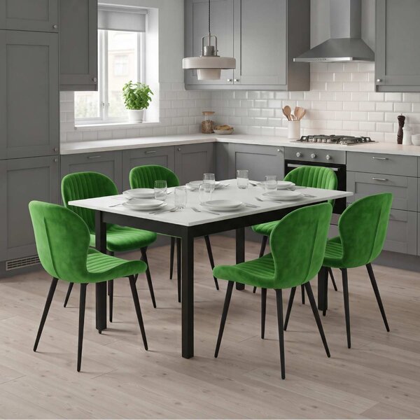 Set Masă Extensibilă Mara Albă 130–170 × 75 cm cu 6 Scaune Opal Olive, Material Textil Catifelat, Picioare Metalice Negre