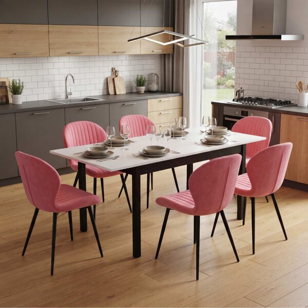 Set Masă Extensibilă Mara Albă 130–170 × 75 cm cu 6 Scaune Opal Roz, Material Textil Catifelat, Picioare Metalice Negre