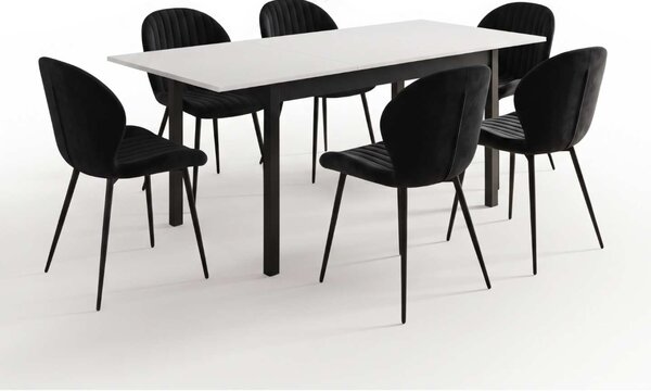 Set Masă Extensibilă Mara Albă 130–170 × 75 cm cu 6 Scaune Opal Negru, Material Textil Catifelat, Picioare Metalice Negre