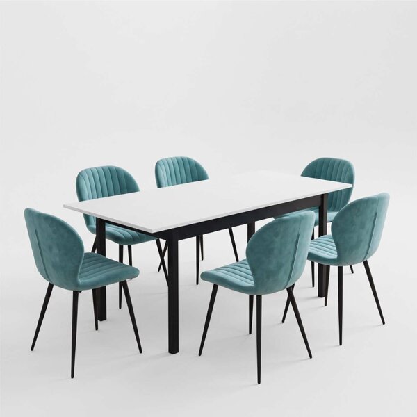 Set Masă Extensibilă Mara Albă 130–170 × 75 cm cu 6 Scaune Opal Verde Fistic, Material Textil Catifelat, Picioare Metalice Negre