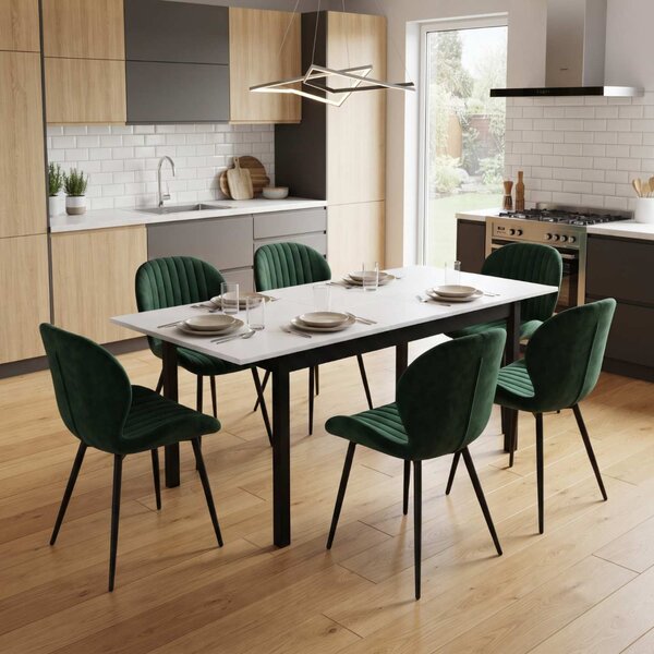 Set Masă Extensibilă Mara Albă 130–170 × 75 cm cu 6 Scaune Opal Verde, Material Textil Catifelat, Picioare Metalice Negre