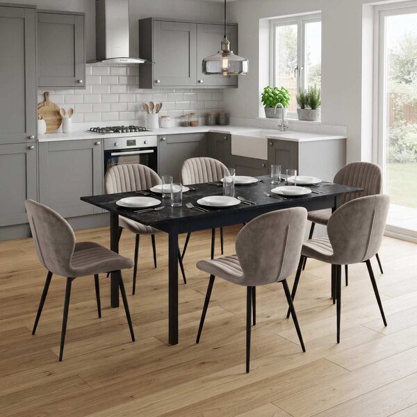 Set Masă Extensibilă Mara Negru Marmorat 130–170 × 75 cm cu 6 Scaune Opal Cappuccino Închis, Material Textil Catifelat, Picioare Metalice Negre