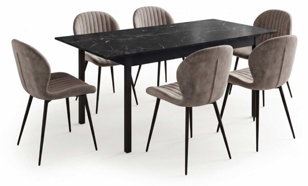 Set Masă Extensibilă Mara Negru Marmorat 130–170 × 75 cm cu 6 Scaune Opal Cappuccino Închis, Material Textil Catifelat, Picioare Metalice Negre