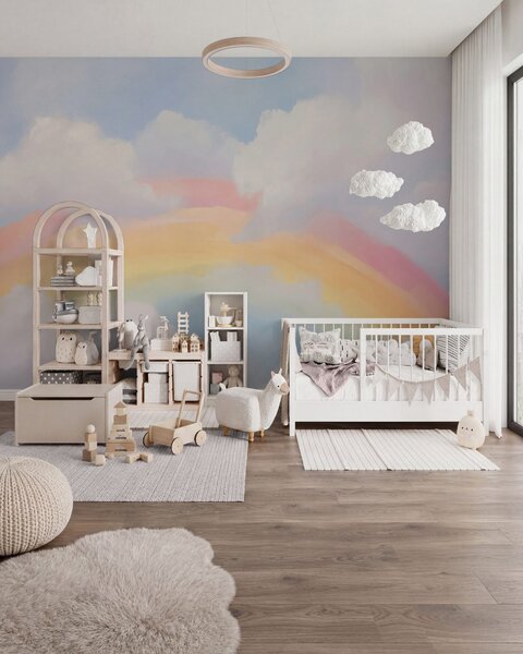 Tapet Un curcubeu abstract printre nori, imitație de pictură, Fototapet Pentru Copii, Rainbow pentru copiilor, w05592 : Uwalls.ro