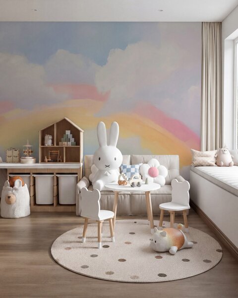 Tapet Un curcubeu abstract printre nori, imitație de pictură, Fototapet Pentru Copii, Rainbow pentru copiilor, w05592 : Uwalls.ro