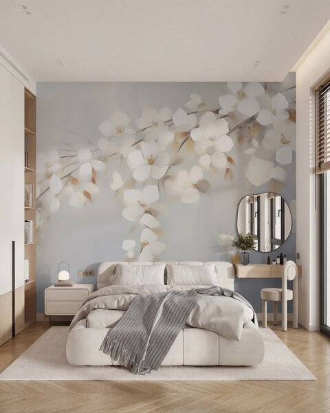 Tapet Ramură abstractă cu flori, imitație de pictură, Imagini de fundal unice, w05665 : Uwalls.ro