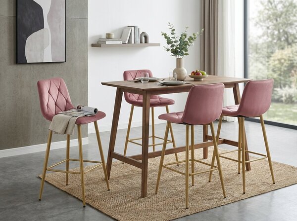 Scaun de bar NADO VELVET roz inchis, cu picioare in decor de stejar