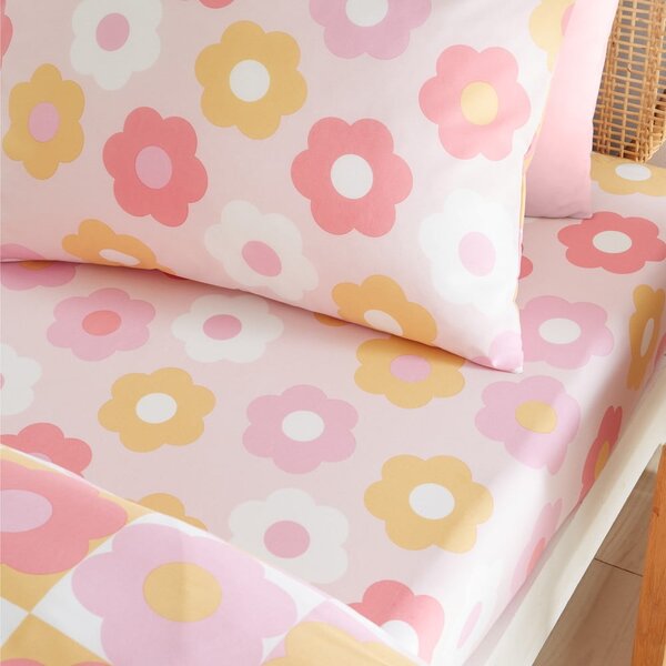 Cearceaf pentru copii roz pentru pat dublu cu elastic 135x190 cm Retro Daisy – Catherine Lansfield