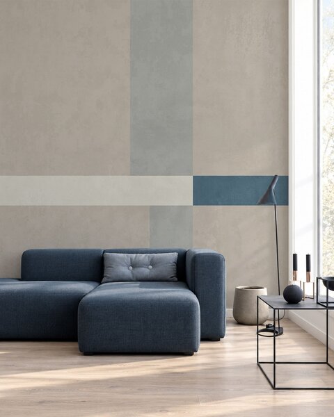 Tapet Rectangule abstracte în nuanțe de bej și gri, cu un accent albastru, Fototapet Geometrie, w05891v2 : Uwalls.ro