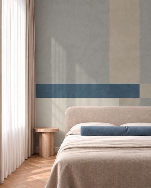 Tapet Blocuri geometrice în nuanțe de gri și bej, cu o dungă albastră, Fototapet Geometrie, w05891v1 : Uwalls.ro