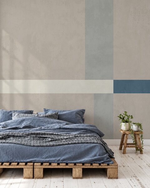 Tapet Rectangule abstracte în nuanțe de bej și gri, cu un accent albastru, Fototapet Geometrie, w05891v2 : Uwalls.ro