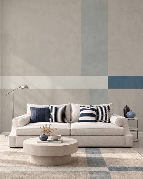 Tapet Rectangule abstracte în nuanțe de bej și gri, cu un accent albastru, Fototapet Geometrie, w05891v2 : Uwalls.ro