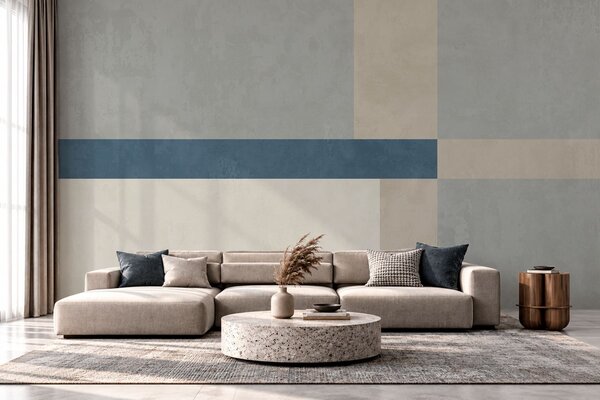 Tapet Blocuri geometrice în nuanțe de gri și bej, cu o dungă albastră, Fototapet Geometrie, w05891v1 : Uwalls.ro