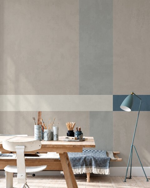 Tapet Rectangule abstracte în nuanțe de bej și gri, cu un accent albastru, Fototapet Geometrie, w05891v2 : Uwalls.ro