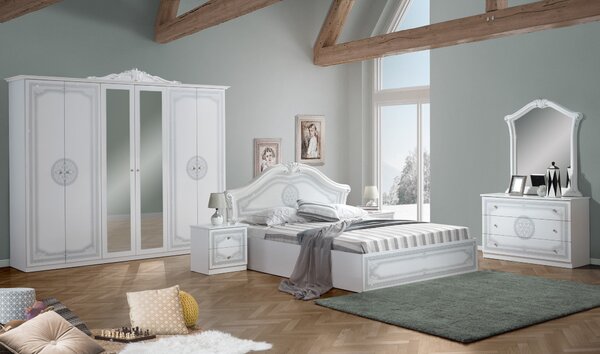 Dormitor Cleopatra, alb lucios, pat 160×200, comoda, dulap, noptiere