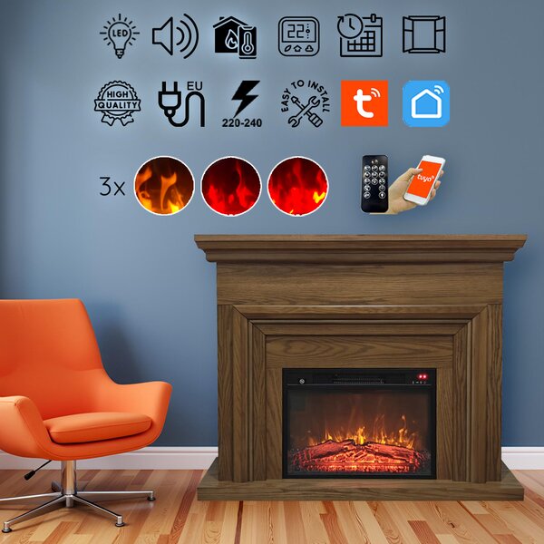 Semineu electric 3D ElectricSun SONIA stejar deschis, cu sunet, 3 culori, Wi-Fi cu APP internet, L120xH102cm