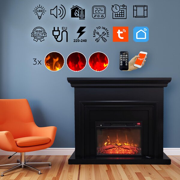 Semineu electric 3D ElectricSun SONIA negru mat, cu sunet, 3 culori, Wi-Fi cu APP internet, L120xH102cm
