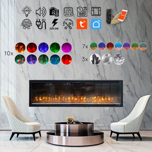 Semineu incorporabil 3D ElectricSun VERSALYS Mediu, pe perete, podea sau incorporabil, cu sunet, 10 culori, Wi-Fi cu APP internet, L153xH41cm