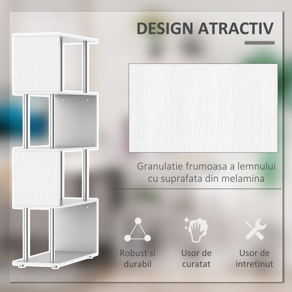 HOMCOM Bibliotecă Modernă cu 4 Rafturi, pentru Living sau Birou, 80x30x145 cm, Alb | Aosom Romania