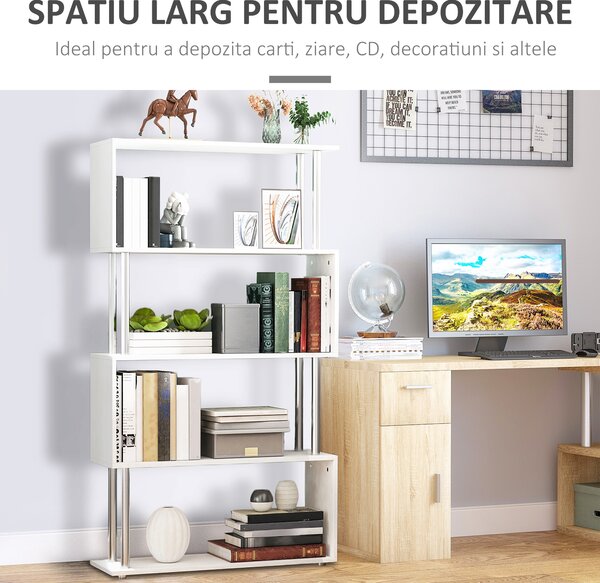 HOMCOM Bibliotecă Modernă cu 4 Rafturi, pentru Living sau Birou, 80x30x145 cm, Alb | Aosom Romania